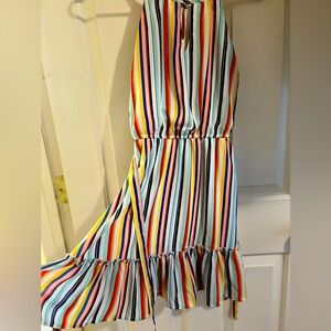 Miami Colorful Striped Sleeveless Mini Dress with Tie Waist and Ruffle Hem